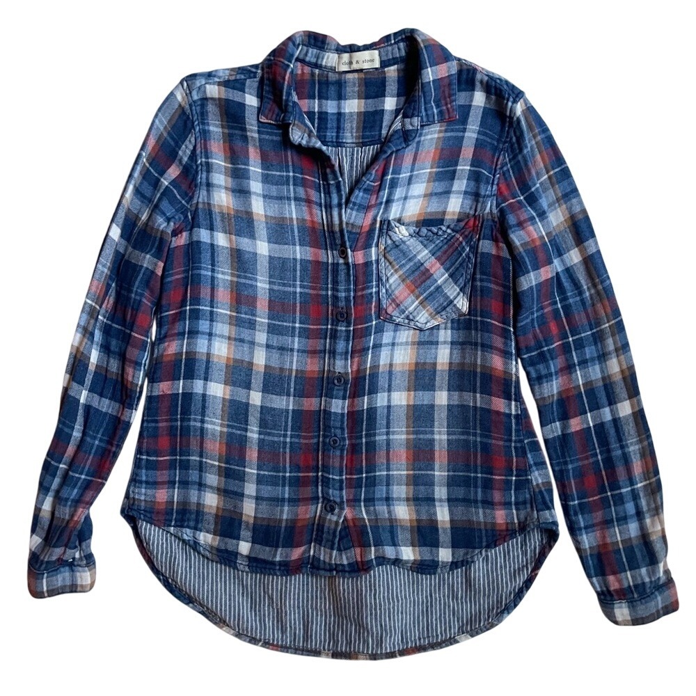 Anthropologie Cloth & Stone Women's‎ Flannel Long Sleeve Plaid Navy Cabincore